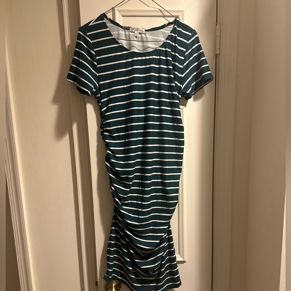 Fun Short Sleeve Green-White Striped Midi Dress